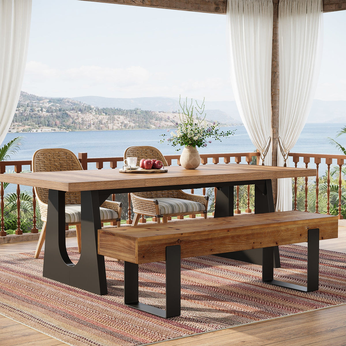 63-Inch Solid Wood Dining Bench, Farmhouse Kitchen Seat with Metal Legs for Dining Room