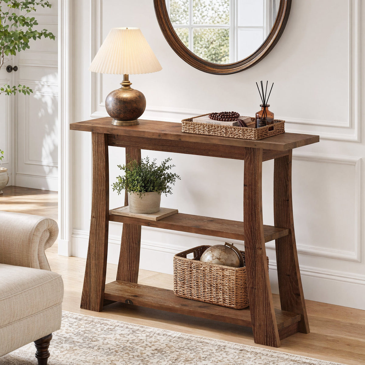 41.3 Inch Solid Wood Console Table with 3-Tier Storage, Farmhouse Hallway Table