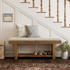 47.2-Inch Farmhouse Entryway Bench with Storage Shelf, Solid Wood Upholstered Shoe Bench for Mudroom