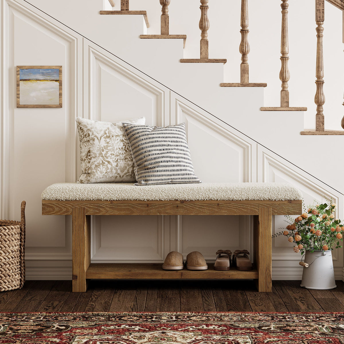47.2-Inch Farmhouse Entryway Bench with Storage Shelf, Solid Wood Upholstered Shoe Bench for Mudroom