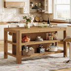63-Inch Farmhouse Kitchen Island, Solid Wood Island Table with Open Storage Shelves