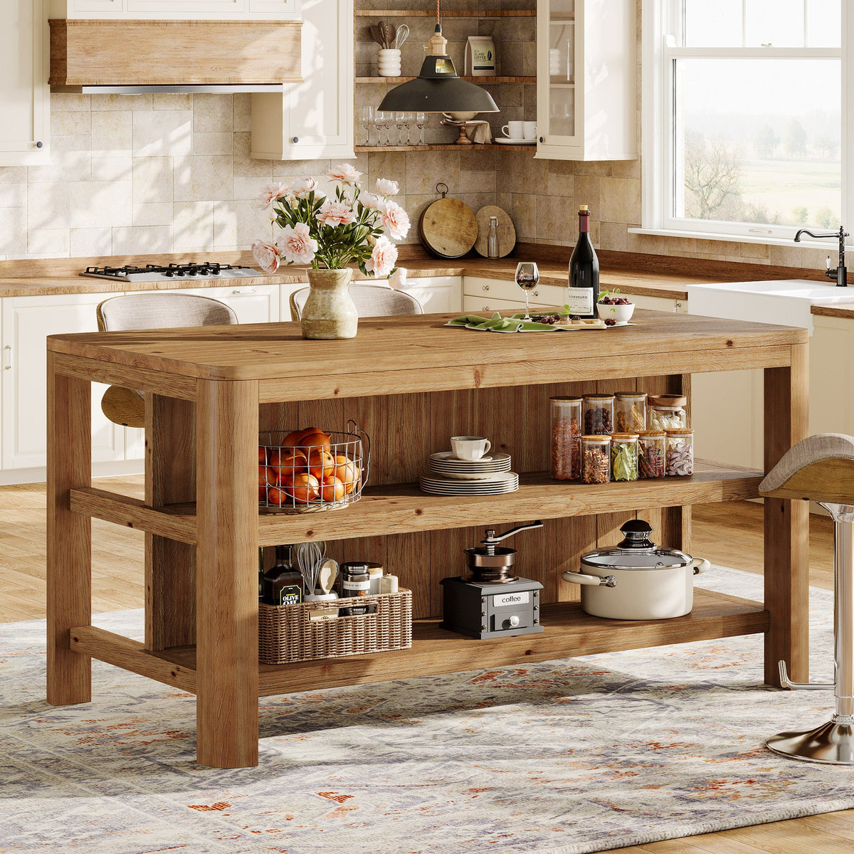 63-Inch Farmhouse Kitchen Island, Solid Wood Island Table with Open Storage Shelves