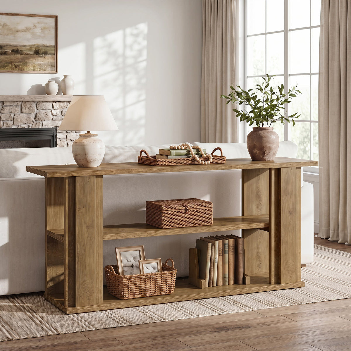 63-Inch Farmhouse Console Table with 3-Tier Storage Shelves and Wide Panel Supports, Narrow Sofa Table for Living Room Hallway and Foyer