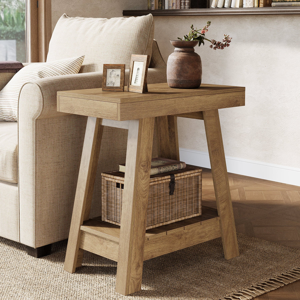 23.6 Inch 2-Tier End Table with Trapezoidal Base, Farmhouse Side Table for Small Spaces