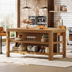 63-Inch Farmhouse Kitchen Island, Solid Wood Island Table with Open Storage Shelves
