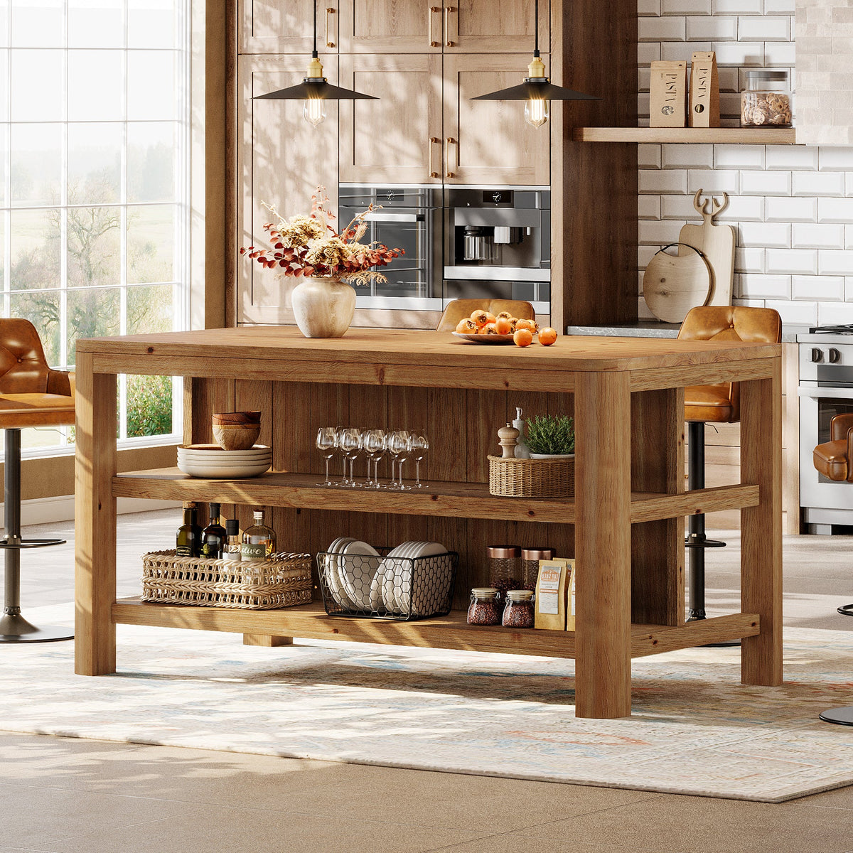 63-Inch Farmhouse Kitchen Island, Solid Wood Island Table with Open Storage Shelves