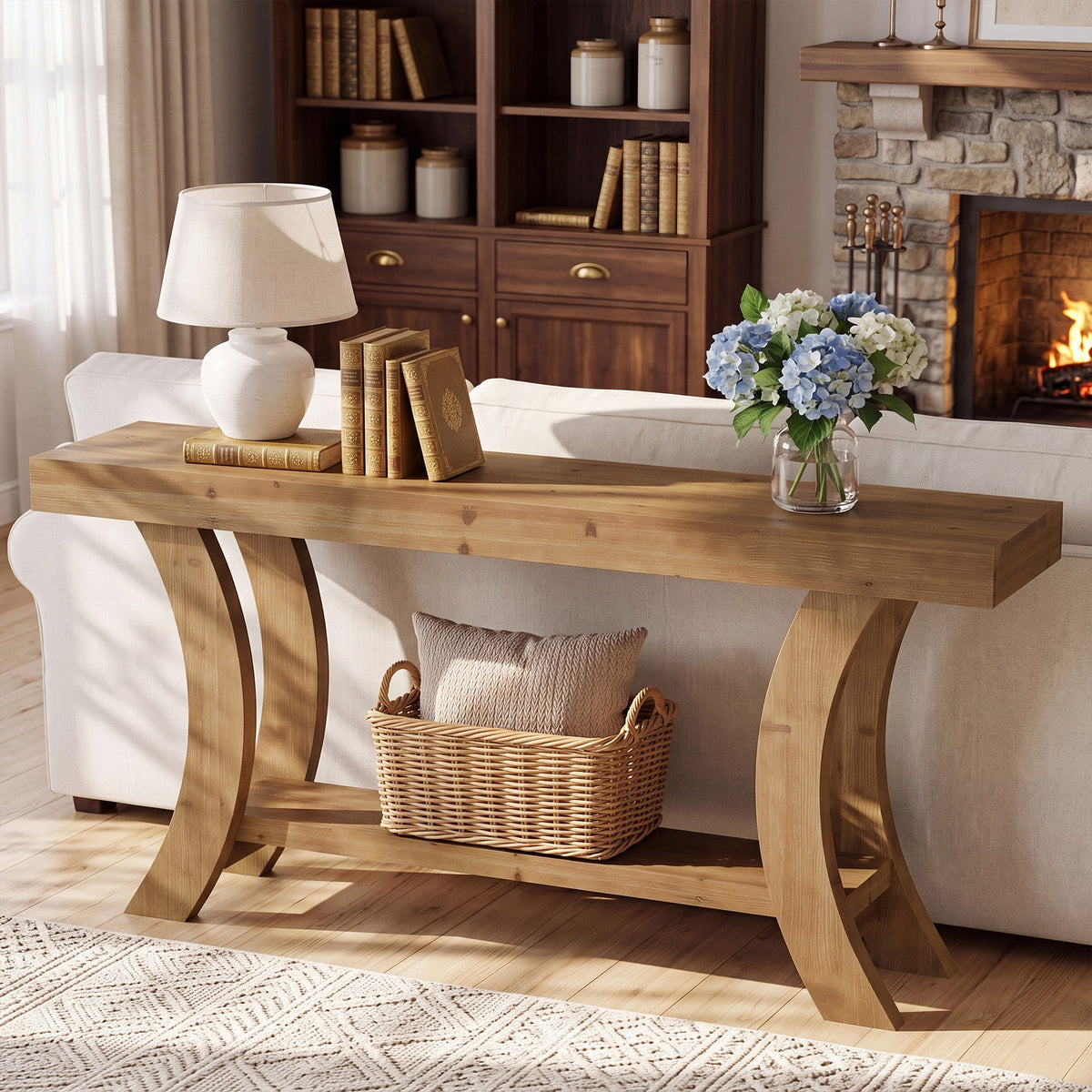 63 Inch Solid Wood Console Table with Shelf, Arched Farmhouse Entryway and Sofa Table