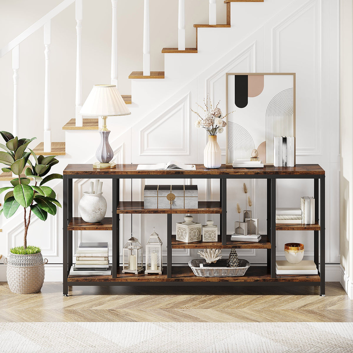 70.9-Inch Extra Long Console Table with 3-Tier Storage Shelves, Industrial Narrow Sofa Table for Entryway
