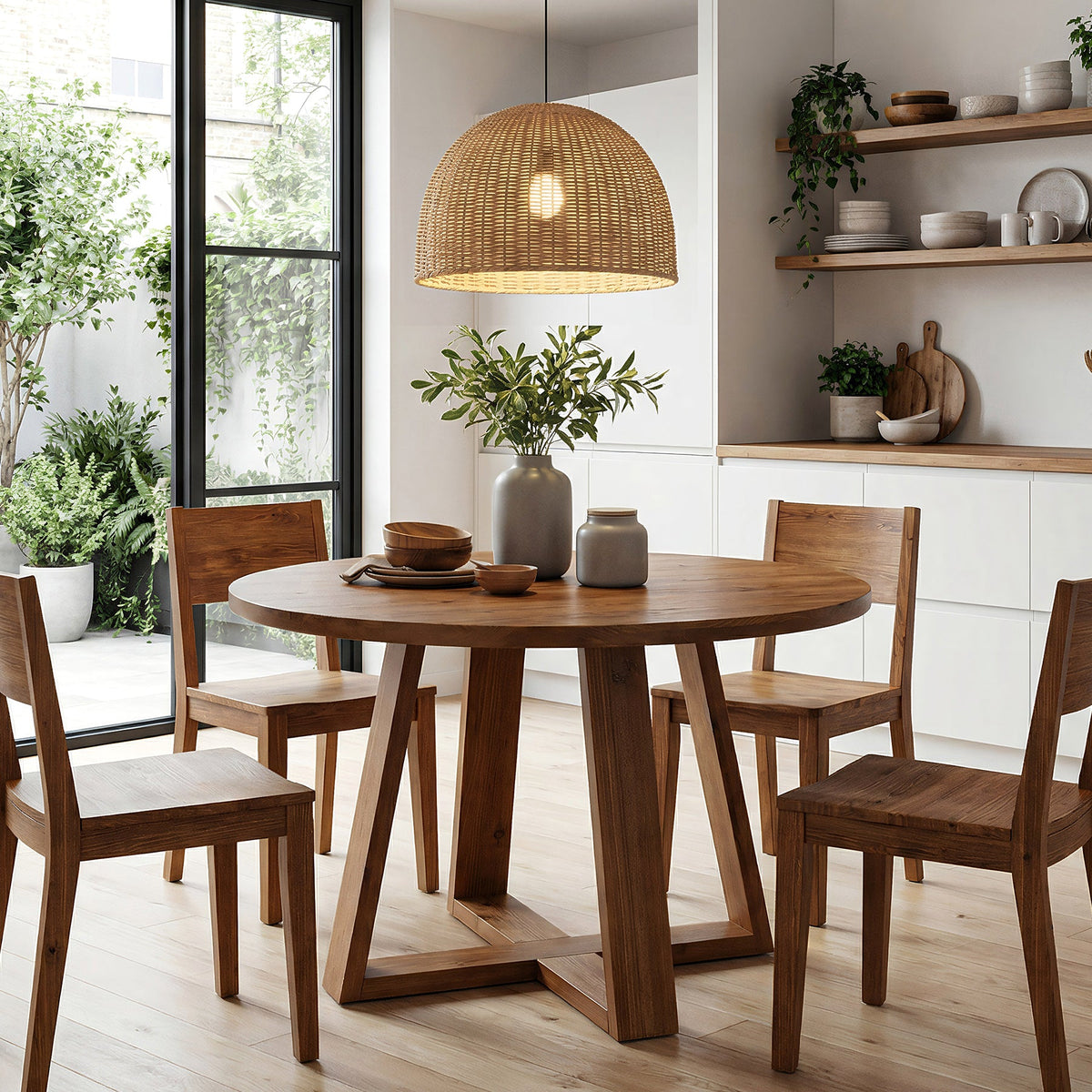 47.2 Inch Solid Wood Round Dining Table for 4, Farmhouse Kitchen Table with Trestle Base