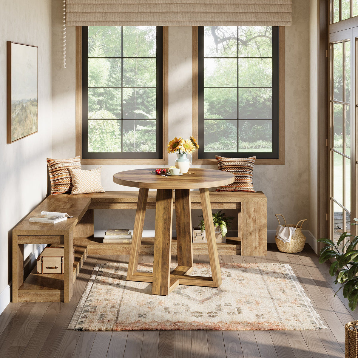 61-Inch L-Shaped Shoe Bench with Storage, Farmhouse Corner Entryway Bench for Dining Room Living Room and Cloakroom