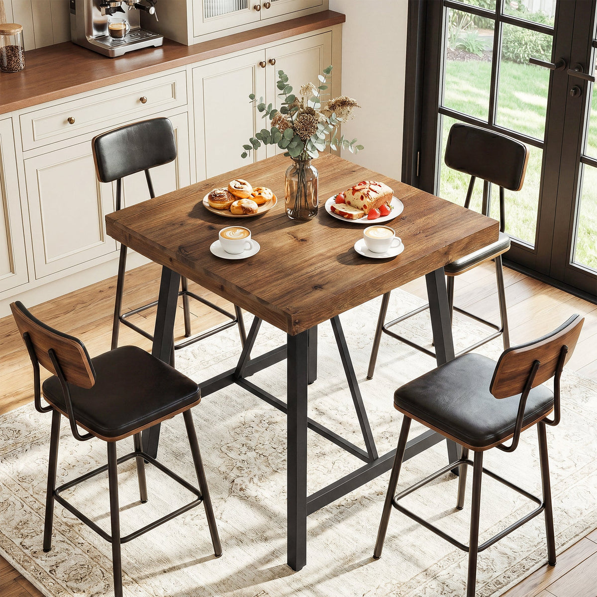 31.5-Inch Square Bar Table with Solid Wood Top and Metal Footrest, Industrial Pub Table for Home Bar Kitchen and Cafe