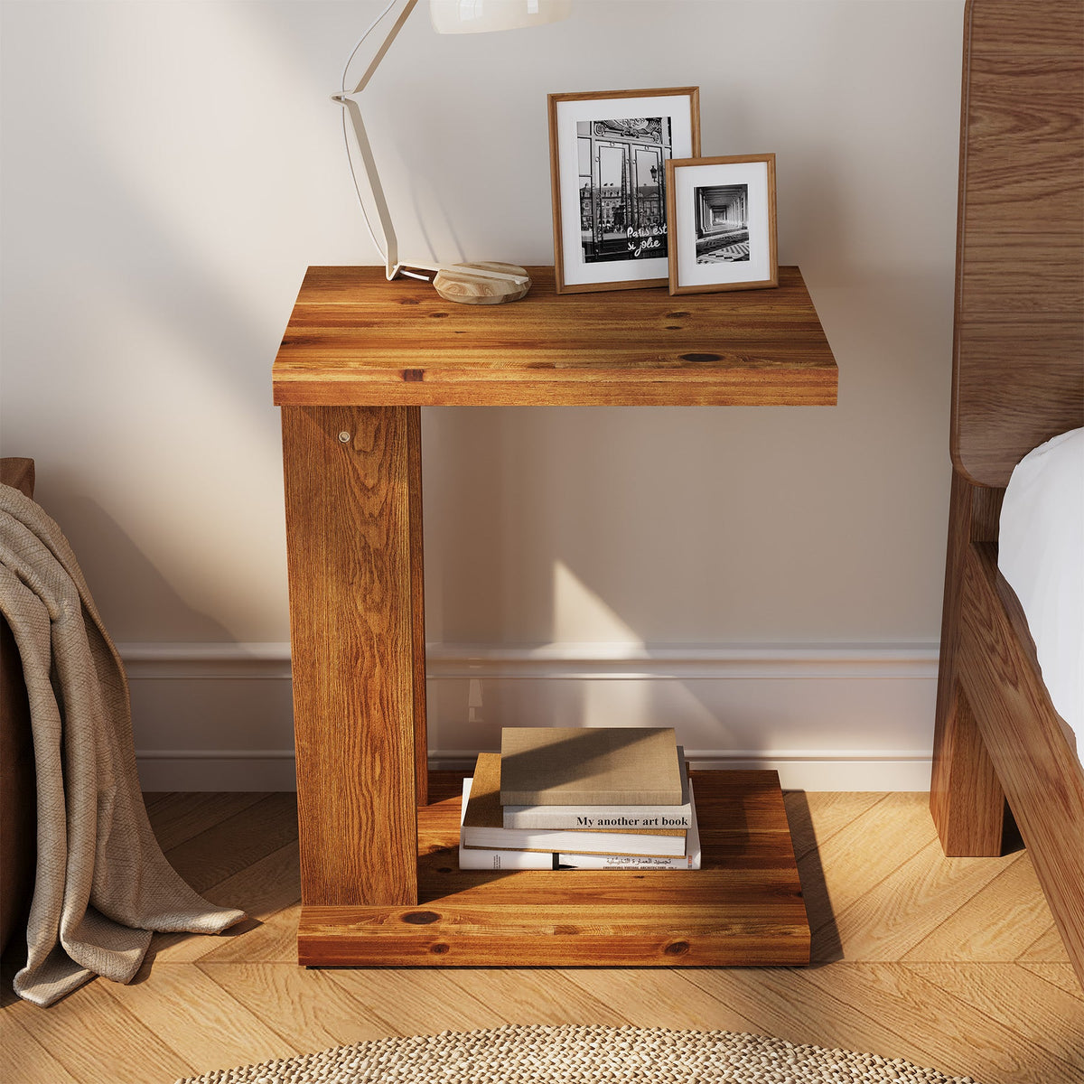 23.6" C-Shaped End Table, Solid Wood 2-Tier Side Table for Sofa and Living Room
