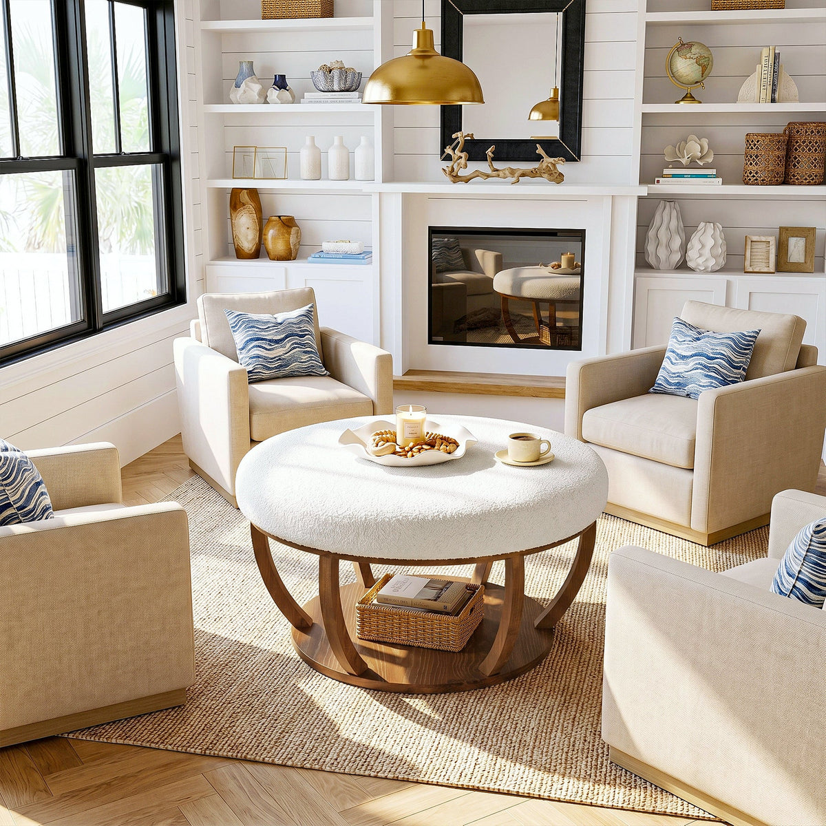 31.5-Inch Round Ottoman Coffee Table, Upholstered Storage Footrest Table