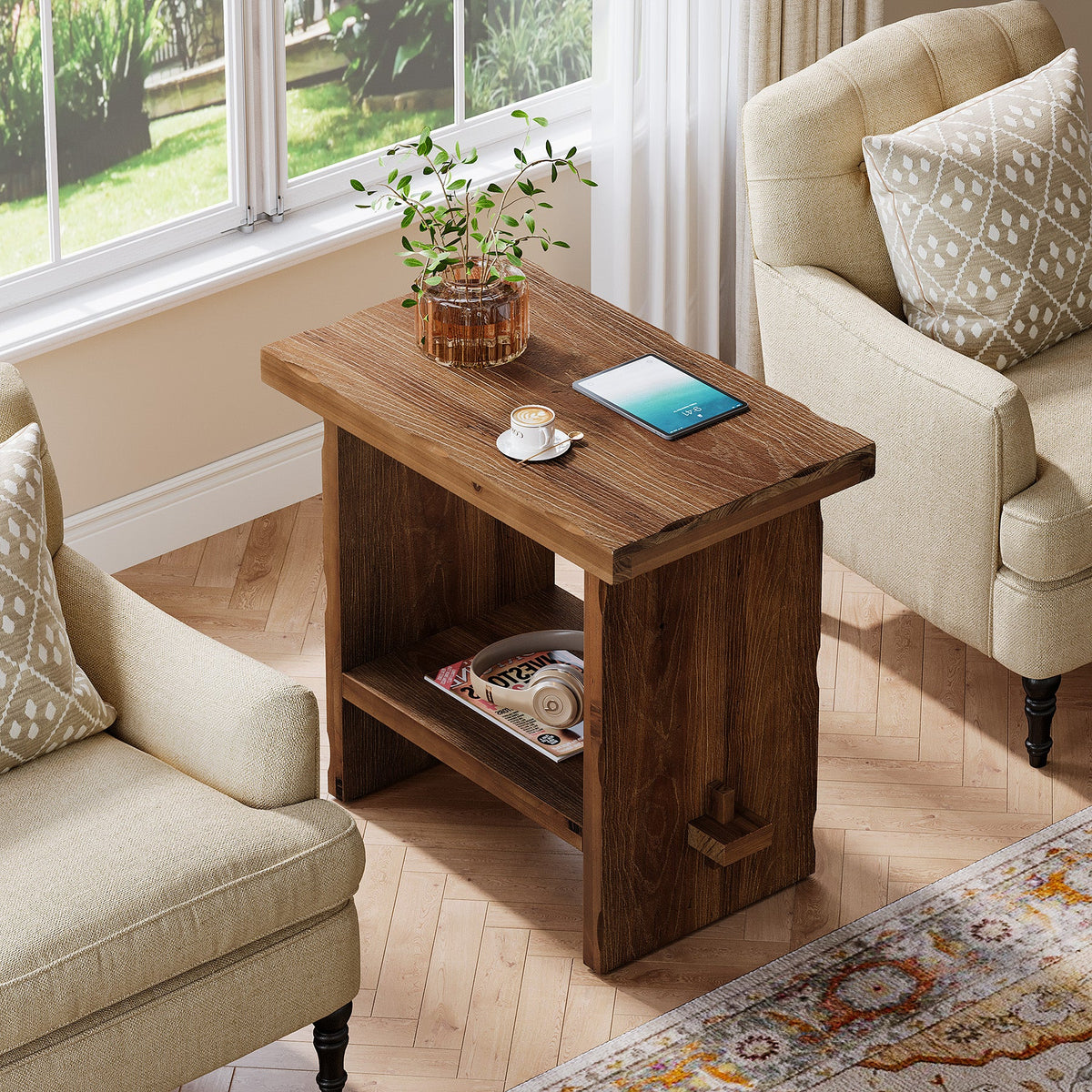 23.62 Inch Solid Wood Side Table with 2-Tier Storage, Farmhouse End Table for Bedroom