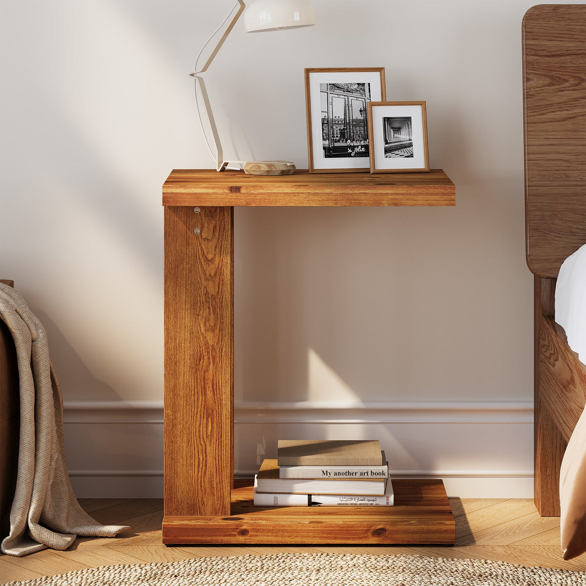 23.6" C-Shaped End Table, Solid Wood 2-Tier Side Table for Sofa and Living Room