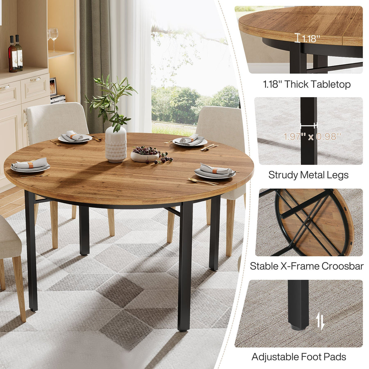 46" Round Dining Table, Farmhouse Kitchen Table Dinner Table for 4-6 People