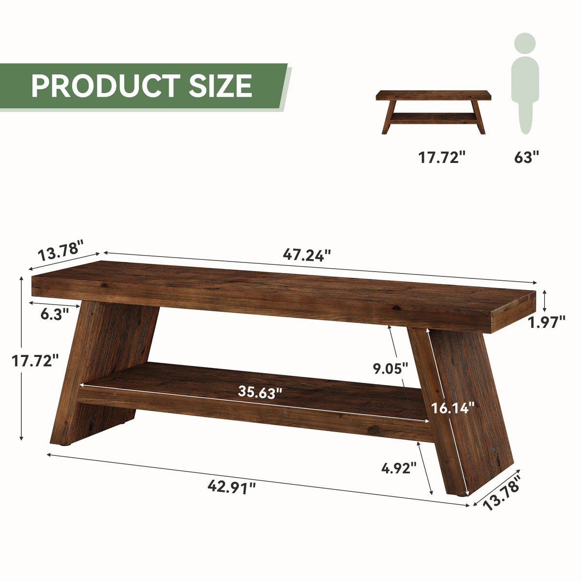 47-Inch 2-Tier Wooden Storage Bench, Open Shelving Hallway Seat with Solid Fir Frame for Living Room