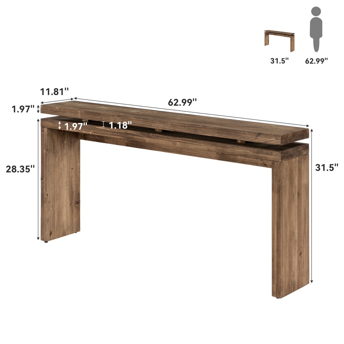 63-Inch Solid Wood Console Table with Double-Layer Top, Farmhouse Sofa Table for Entryway Hallway and Behind Couch