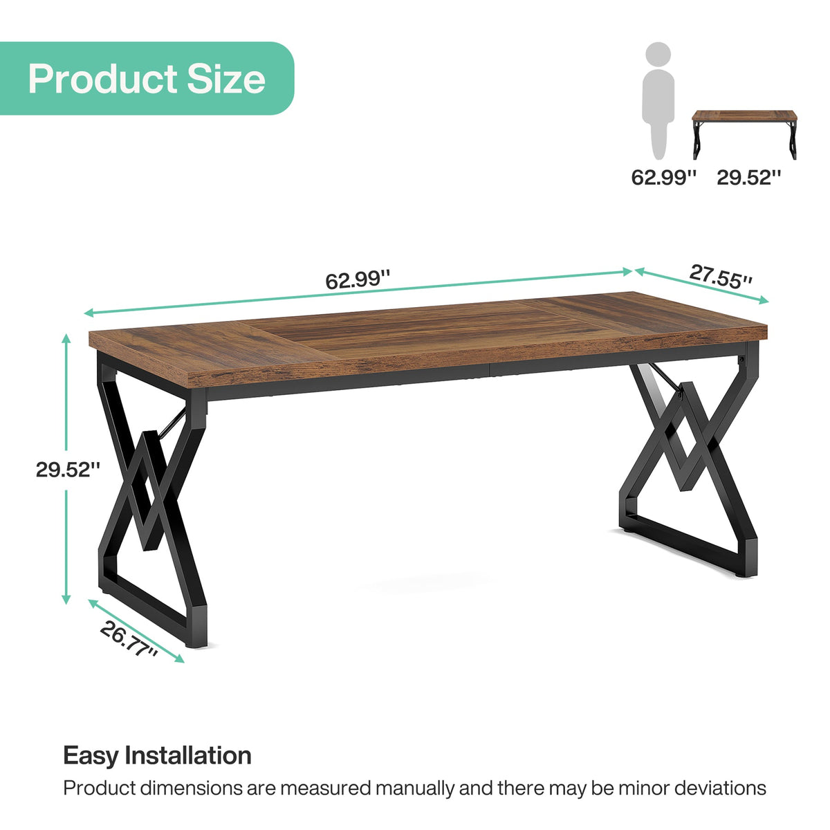 63-Inch Large Office Desk, Industrial Computer Executive Desk with Extra Thick Wood-Look Top and Metal Frame for Home Office