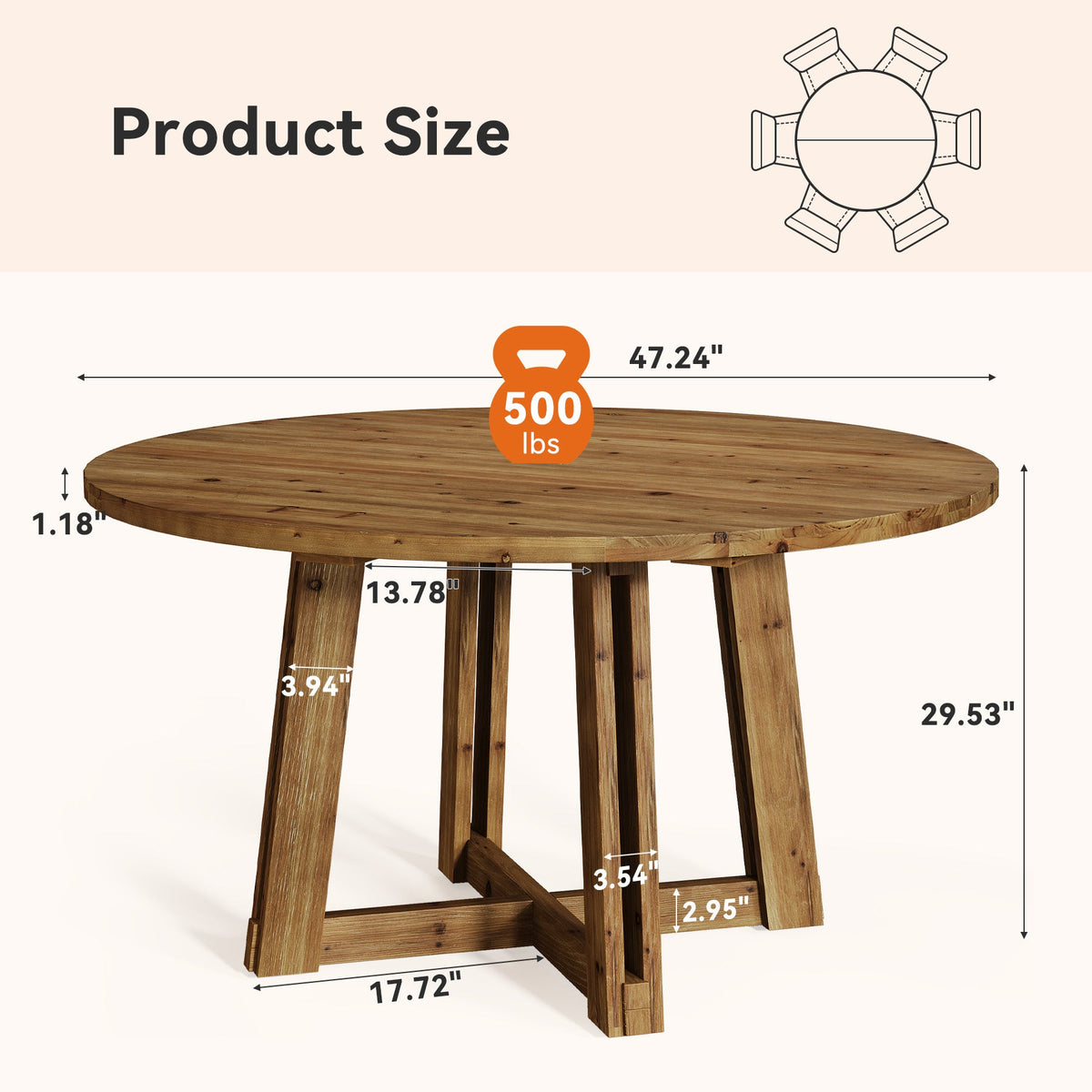 47.3-Inch Solid Wood Round Dining Table for 4-6 People, Farmhouse Kitchen Table with Cross-Shaped Base for Dining Room