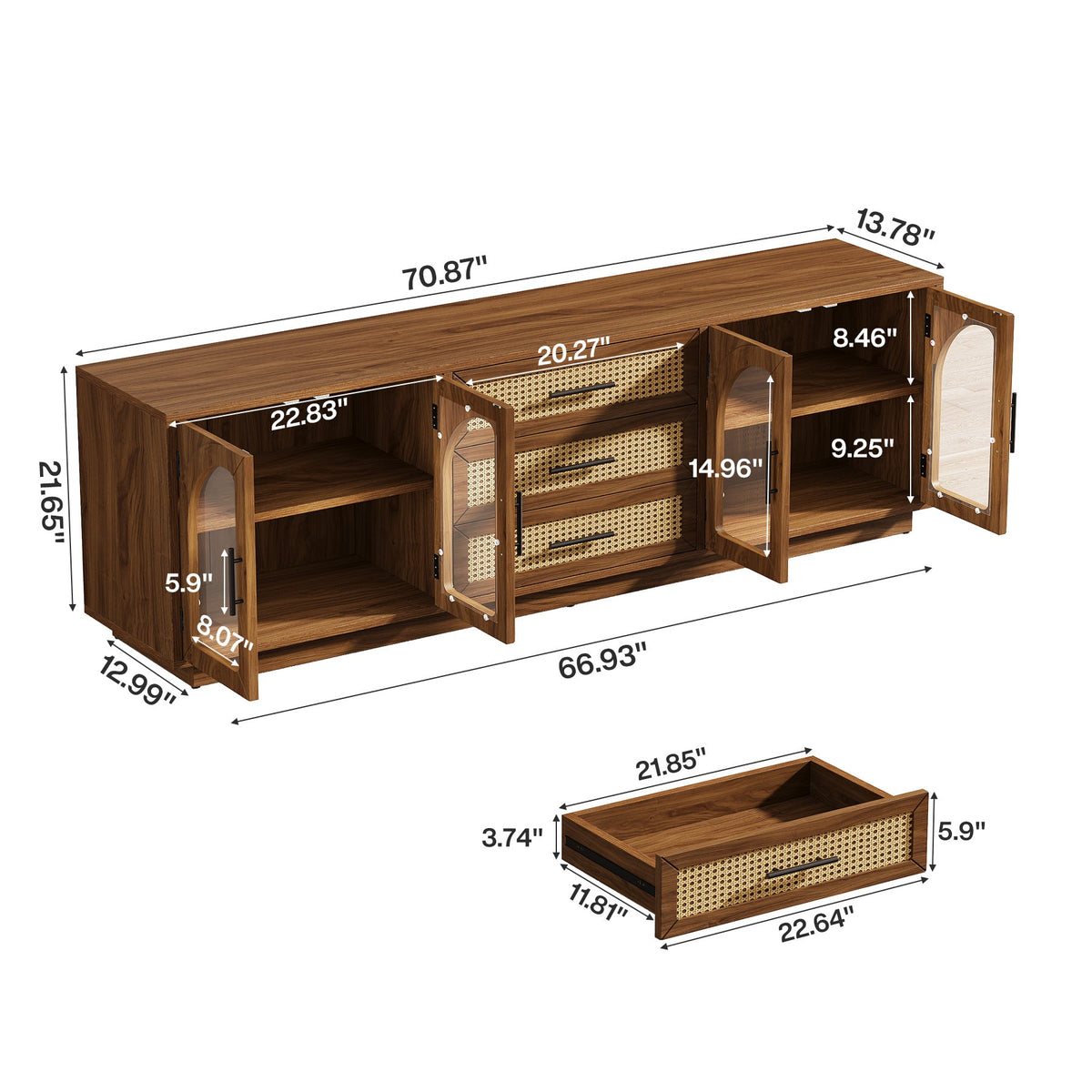 71-Inch TV Stand with Rattan Drawers, Mid-Century Media Console for Living Room