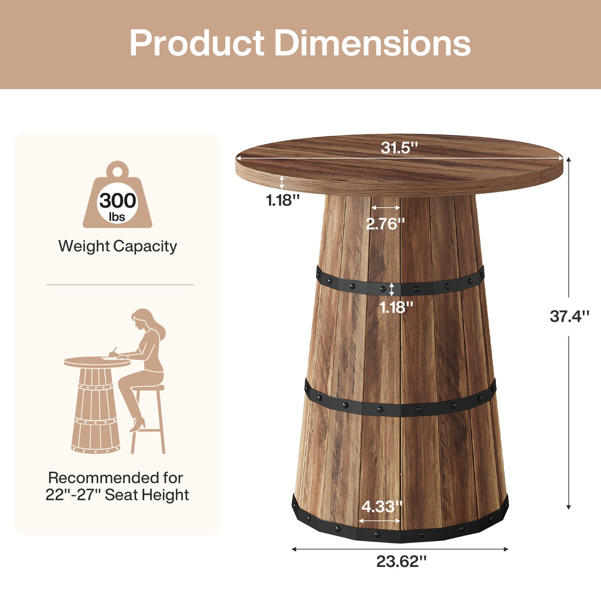 31.5-Inch Round Bar Table with Barrel Base, Farmhouse Pub Table for Kitchen and Home Bar