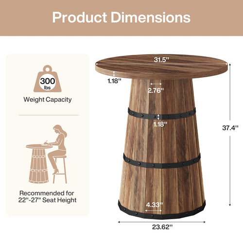31.5-Inch Round Bar Table with Barrel Base, Farmhouse Pub Table for Kitchen and Home Bar