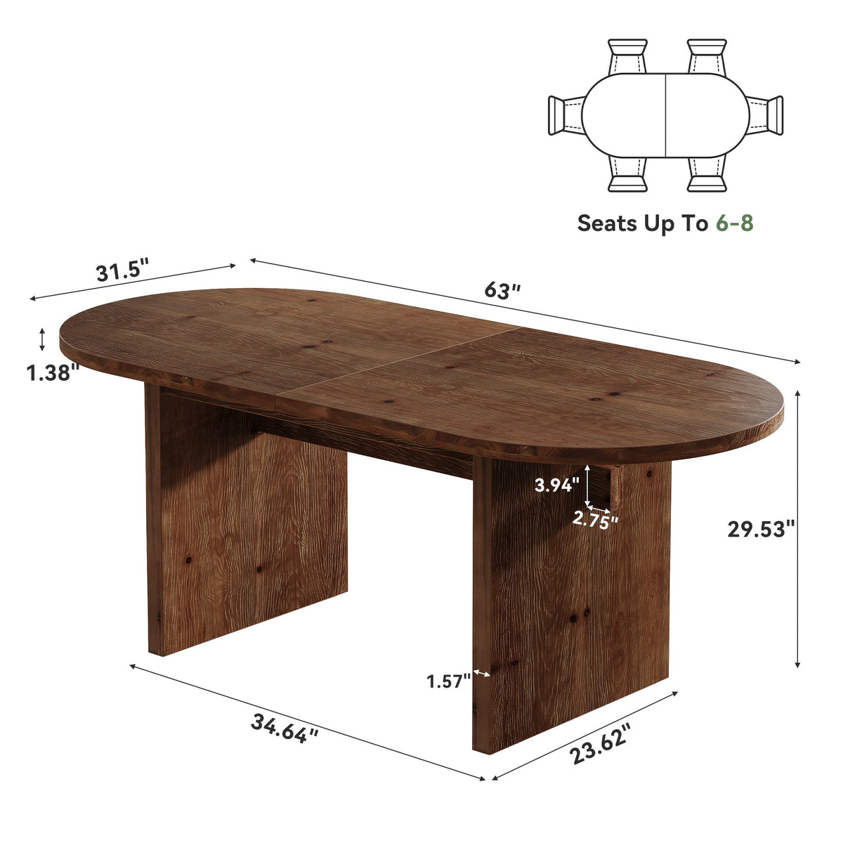 63-Inch Solid Wood Conference Table for 4 to 6 People with Oval Tabletop, Farmhouse Meeting Seminar Table