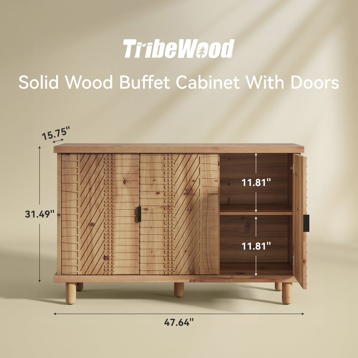 47.6-Inch Farmhouse Sideboard Cabinet with 3 Doors, Solid Wood Buffet Cabinet for Kitchen