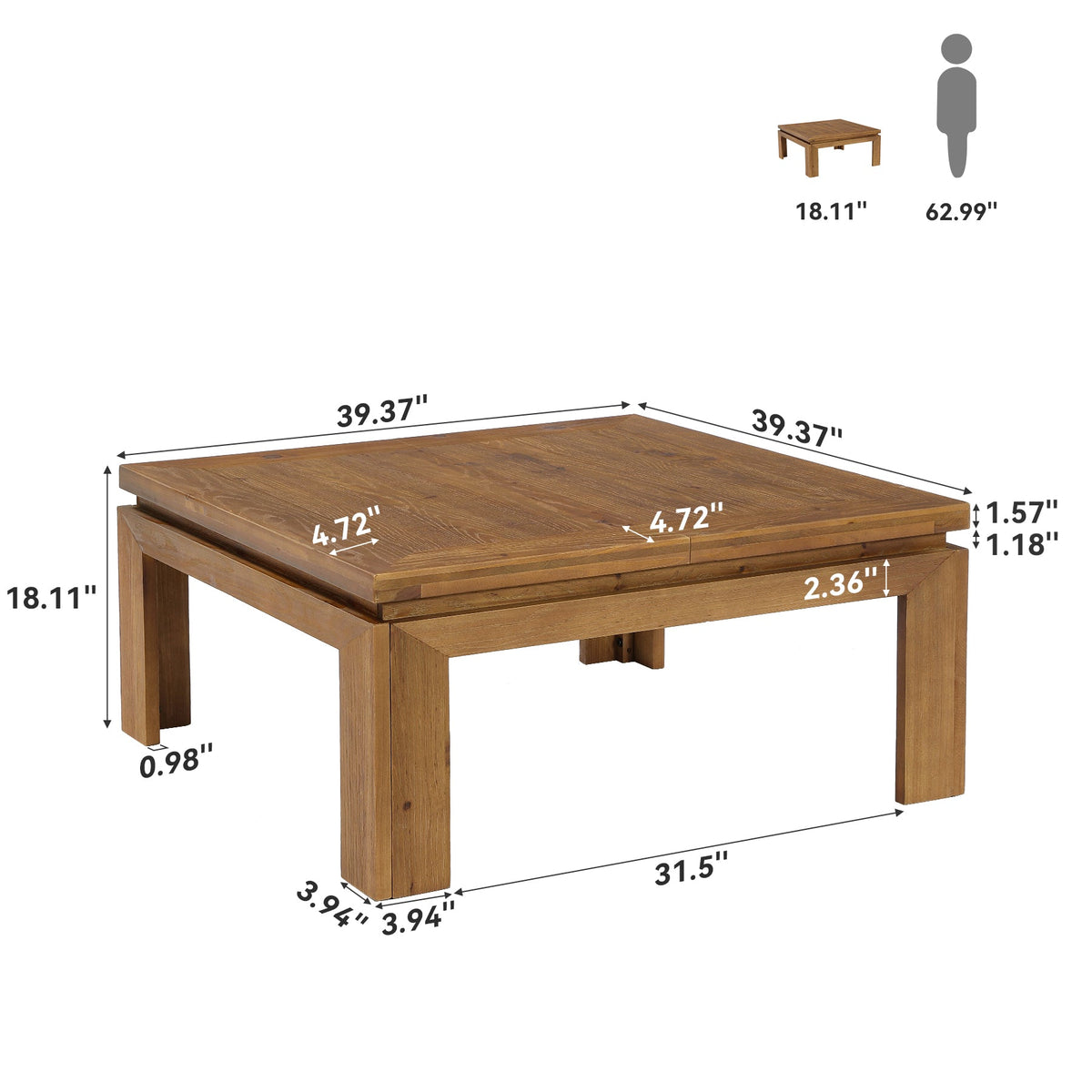 39.4-Inch Solid Wood Coffee Table with Recessed Edge, Square Farmhouse Center Table for Living Room