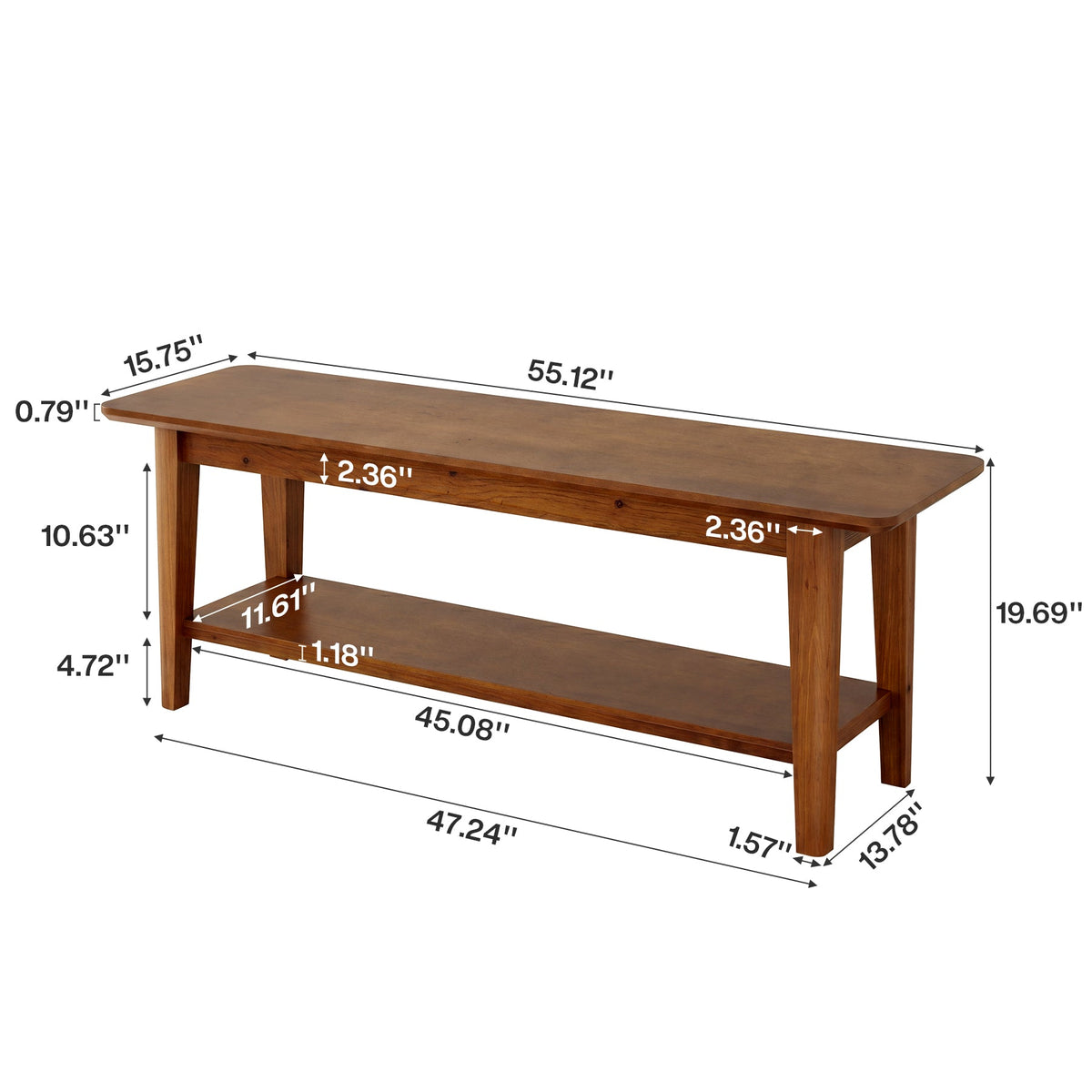 55-Inch Farmhouse Bench with Storage Shelf, Wooden Dining Seating for Kitchen Dining Room and Patio