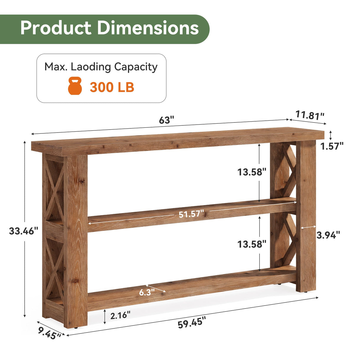 63 Inch Solid Wood Console Table with X-Frame, 3-Tier Hallway Table for Living Room