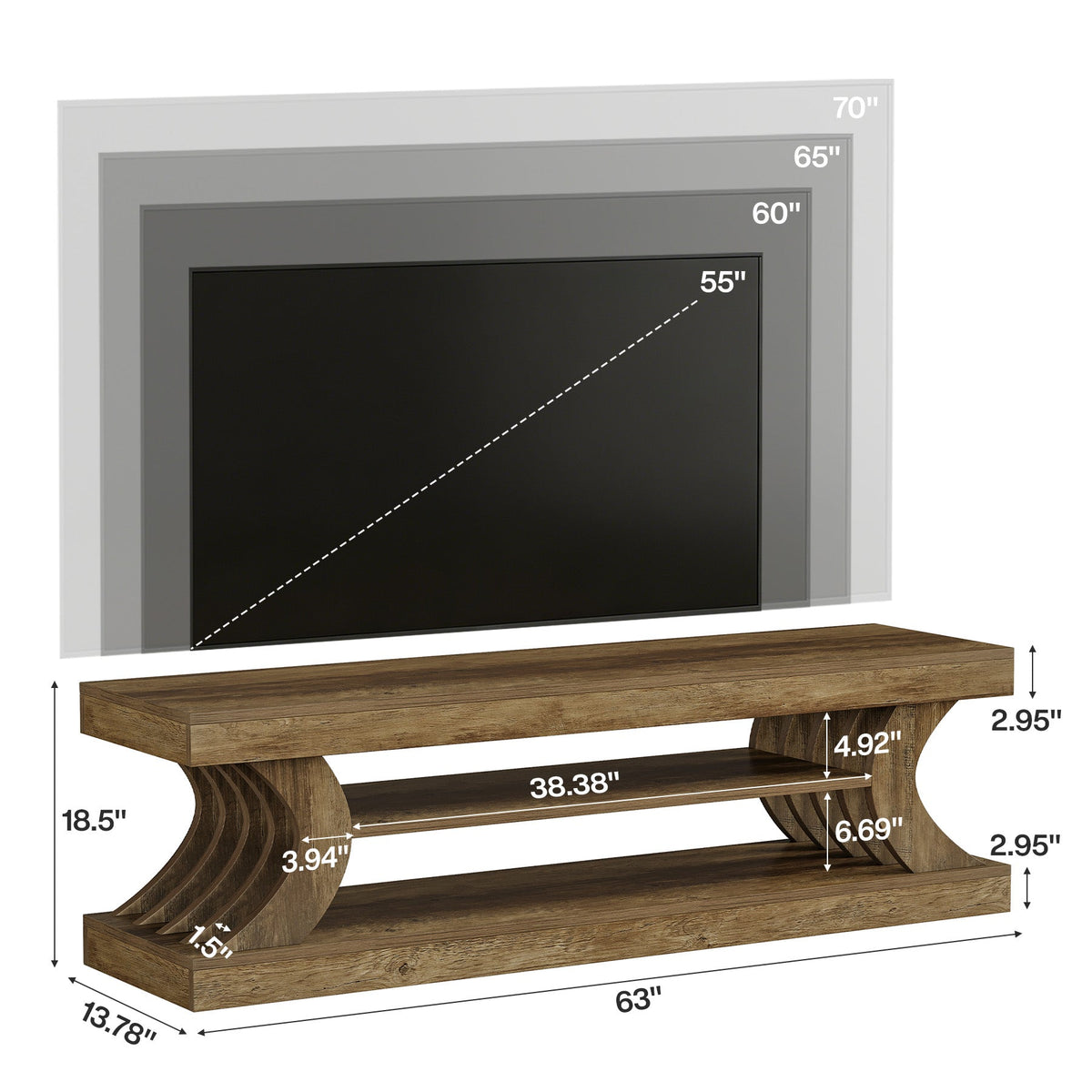 63-Inch Farmhouse TV Stand with 3-Tier Storage, Curved Media Console for Living Room