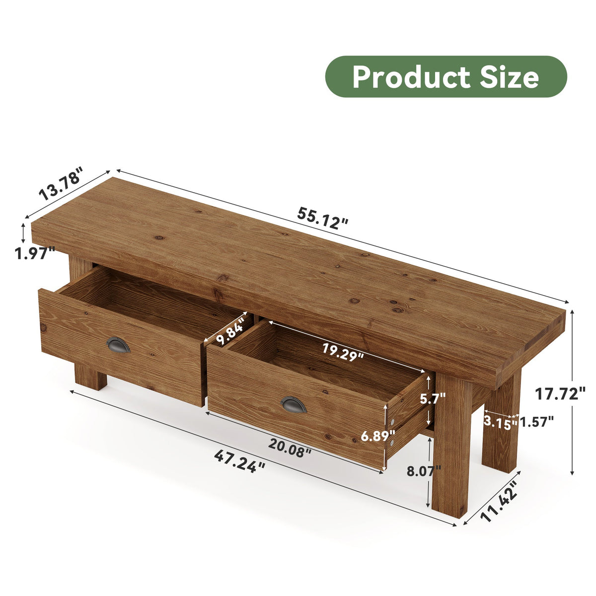 55 Inch Solid Wood Storage Bench with 2 Drawers, Farmhouse Entryway Seat for Hallway