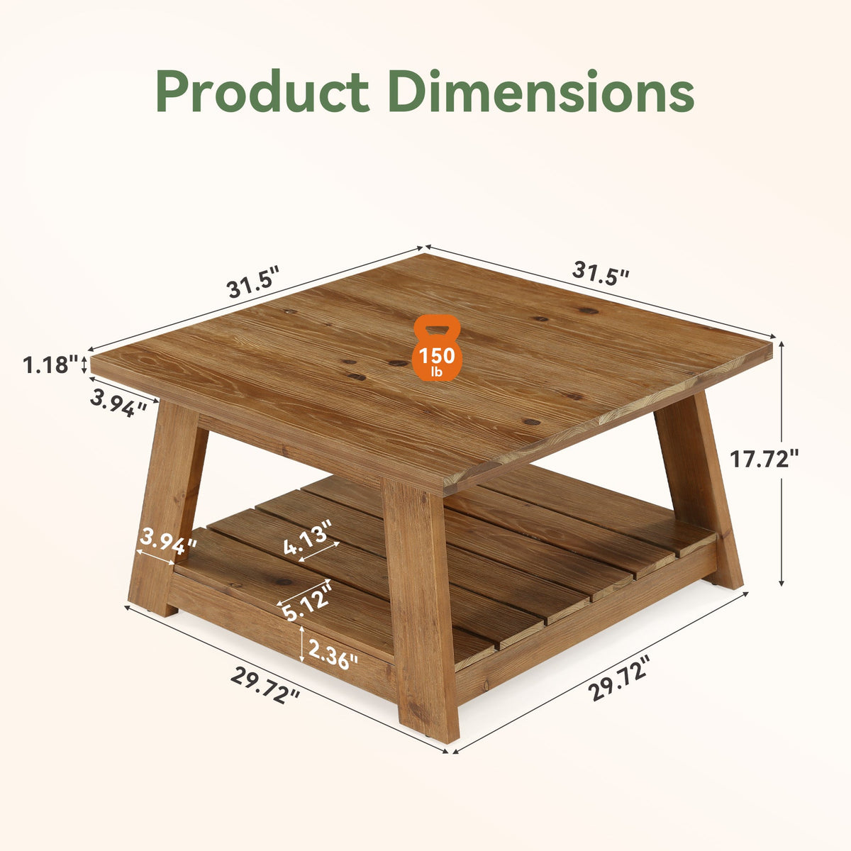 31.5 Inch Solid Wood Square Coffee Table, Farmhouse Centre Table with Storage Shelf
