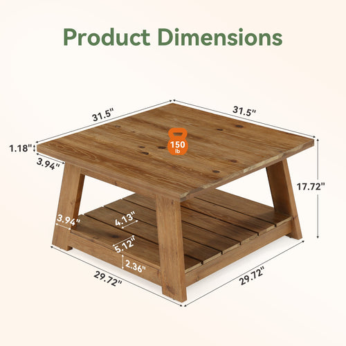 31.5 Inch Solid Wood Square Coffee Table, Farmhouse Centre Table with Storage Shelf