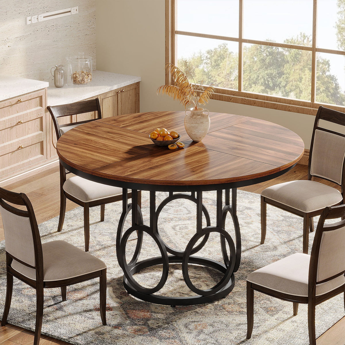 47" Wood Dining Table, Round Kitchen Table for 4 - 6 People #Colour_Brown