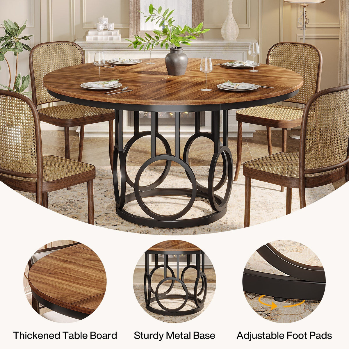 47" Wood Dining Table, Round Kitchen Table for 4 - 6 People #Colour_Brown