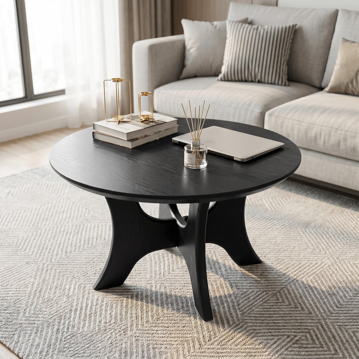 31.1 Inch Round Coffee Table with Cross Base, Modern Black Table for Living Room