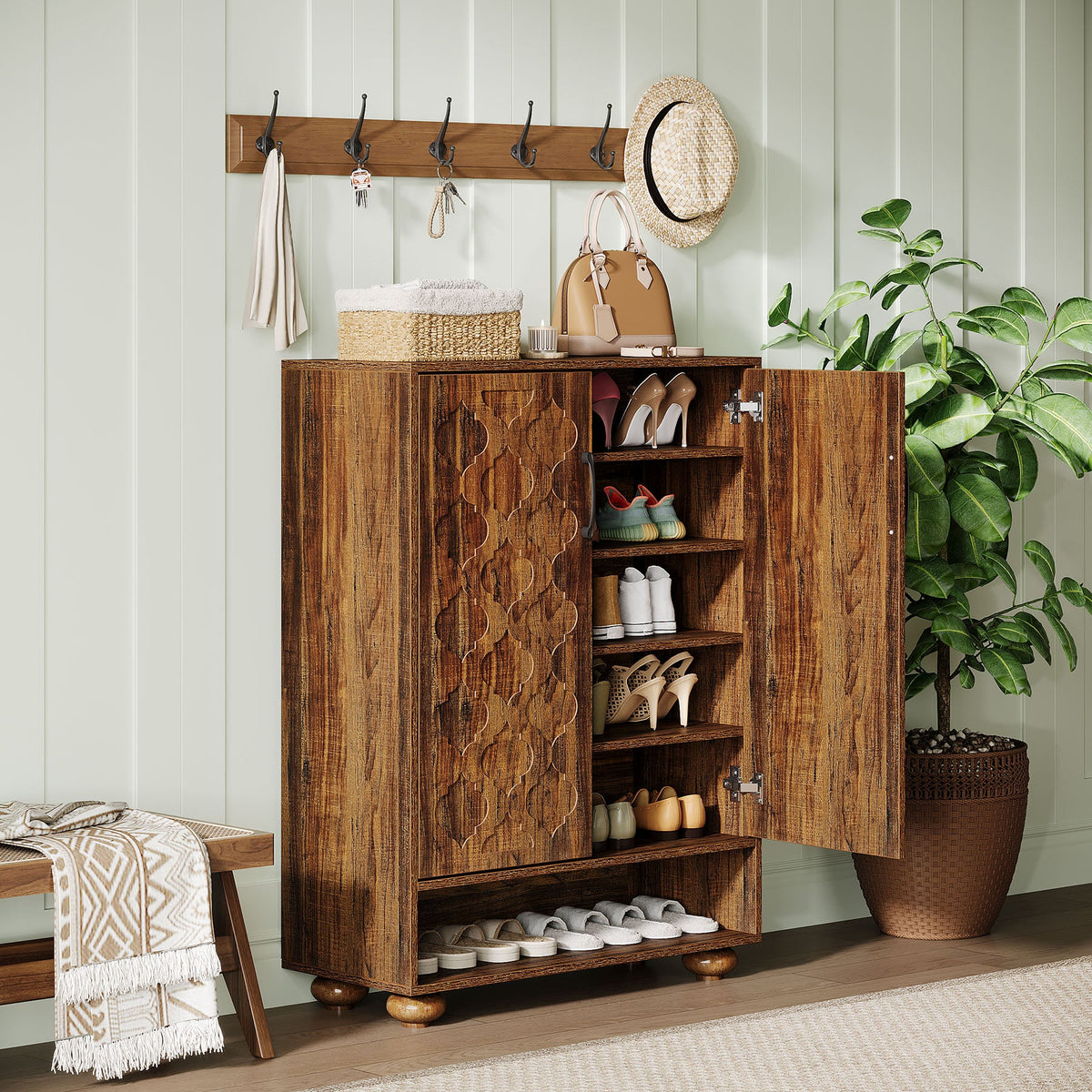 31.5-Inch Solid Wood Shoe Cabinet for Entryway, Farmhouse Tall Shoe Storage Cabinet with Doors and Adjustable Shelves for Hallway