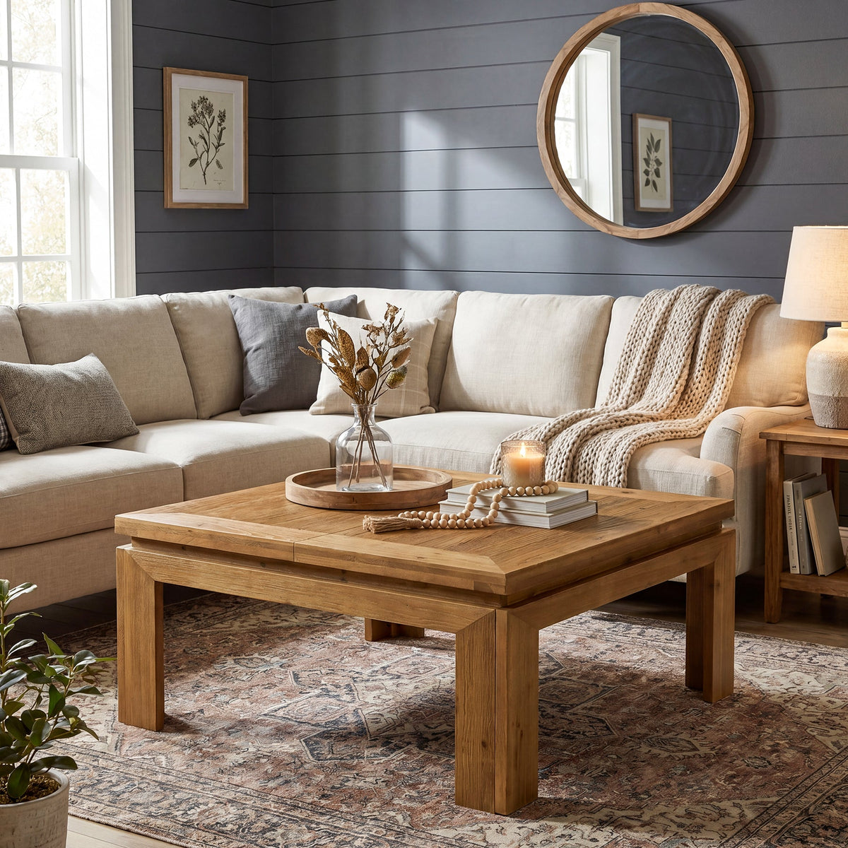 39.4-Inch Solid Wood Coffee Table with Recessed Edge, Square Farmhouse Center Table for Living Room