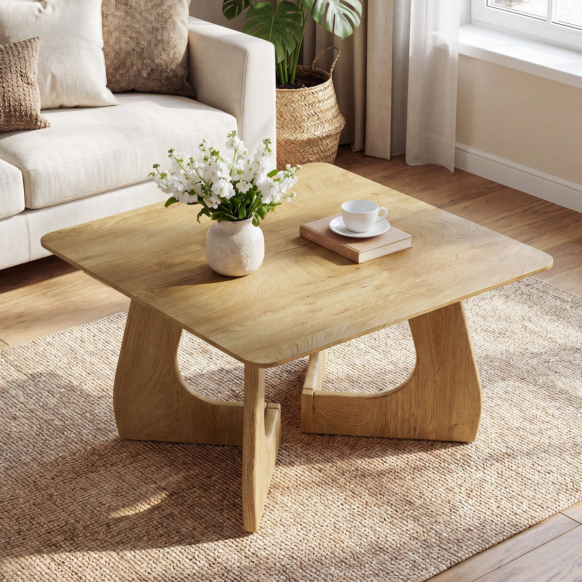 31.5 Inch Square Coffee Table with Interlocking Legs, Mid-Century Table for Living Room