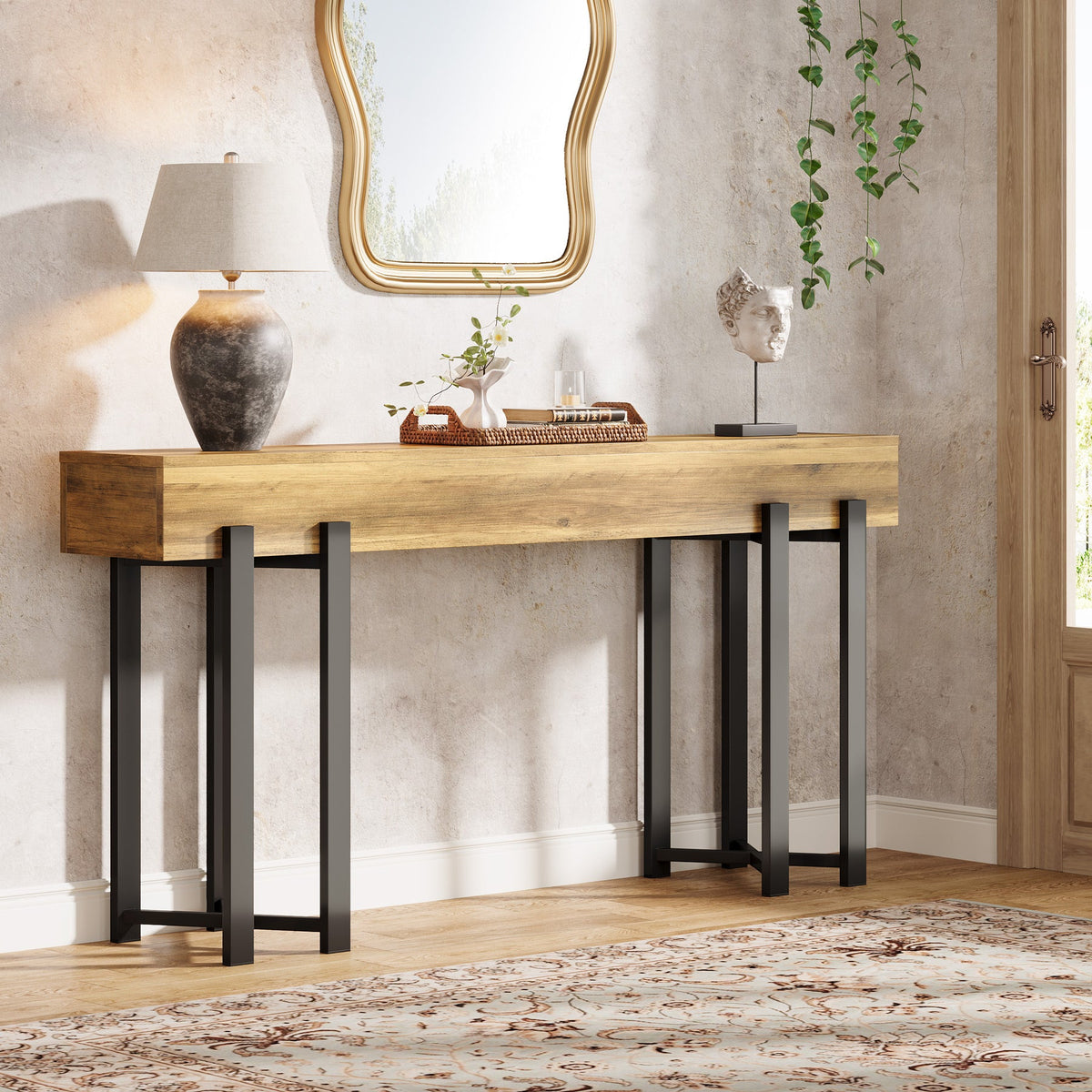 63" Industrial Console Table with Metal Frame, Wooden Sofa Table for Entryway and Living Room