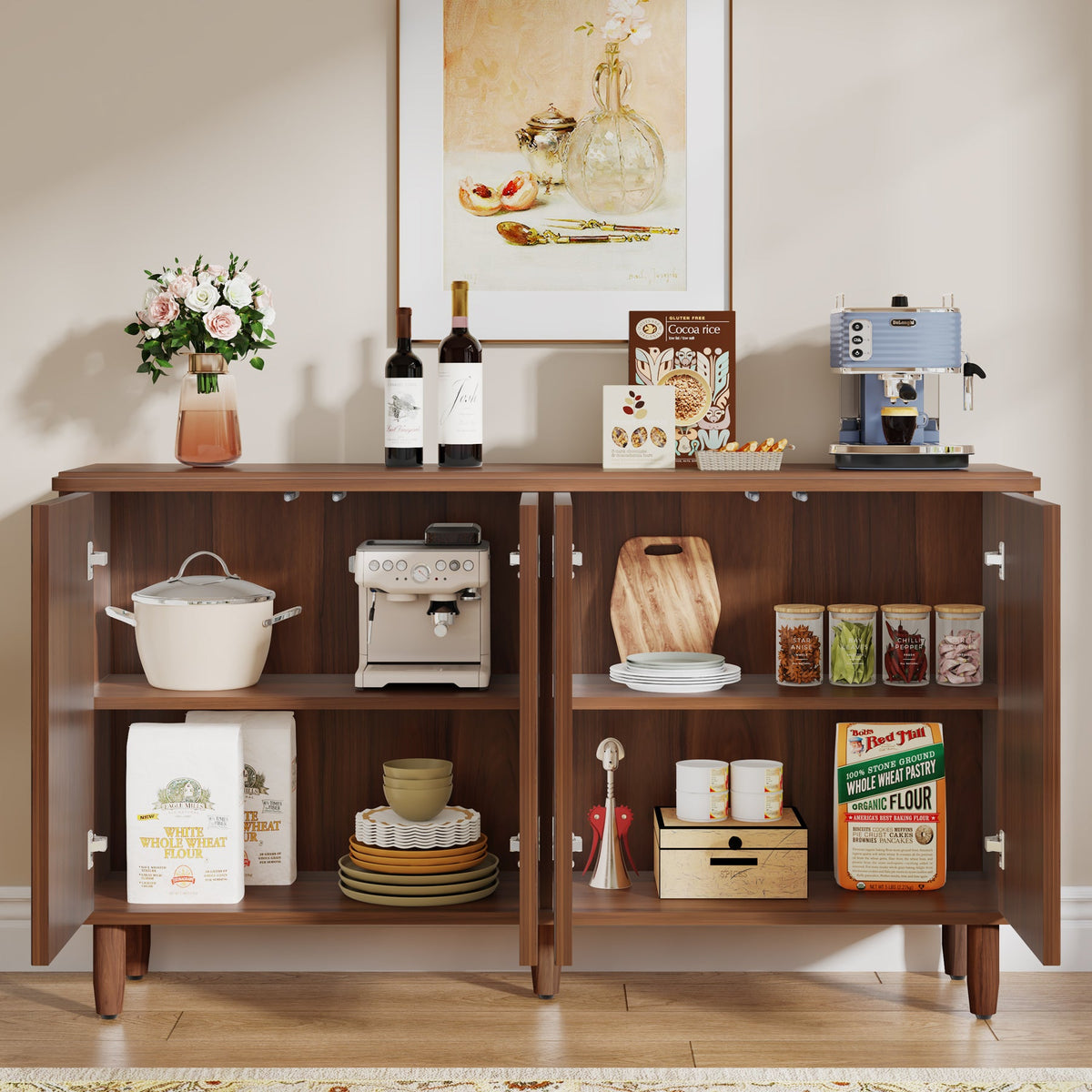 59.4-Inch Modern Buffet Cabinet with Doors and 4-Tier Inner Shelves, Sideboard Storage Cabinet for Living Room Kitchen and Dining Room