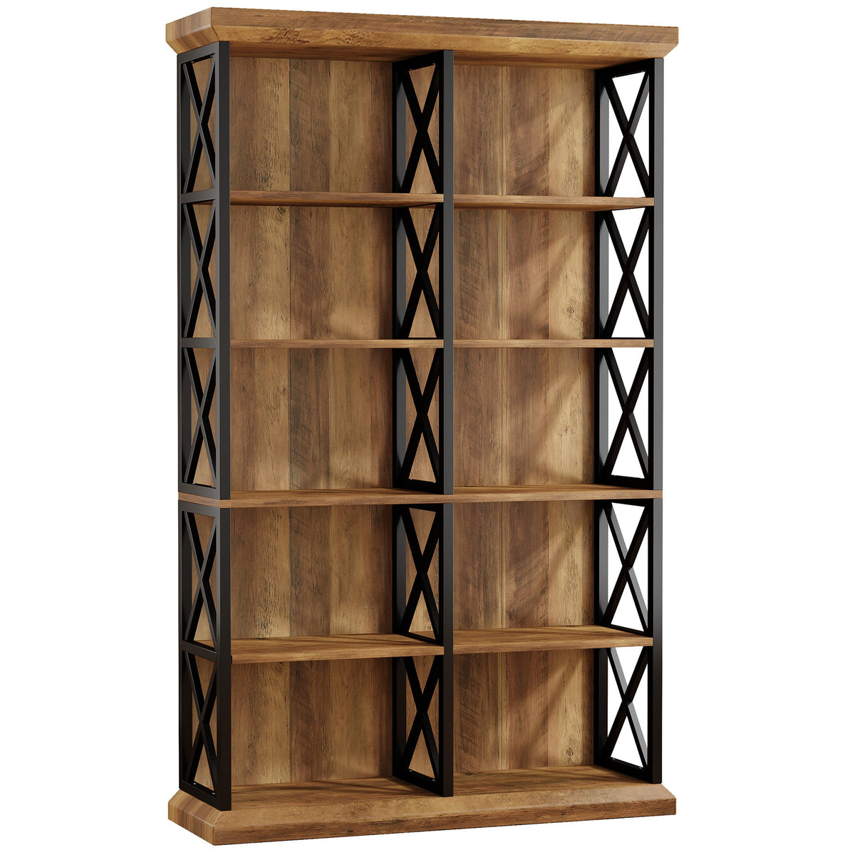 75-Inch Tall Double Wide Bookcase, 6-Tier Industrial Bookshelf with X-Pattern Frame