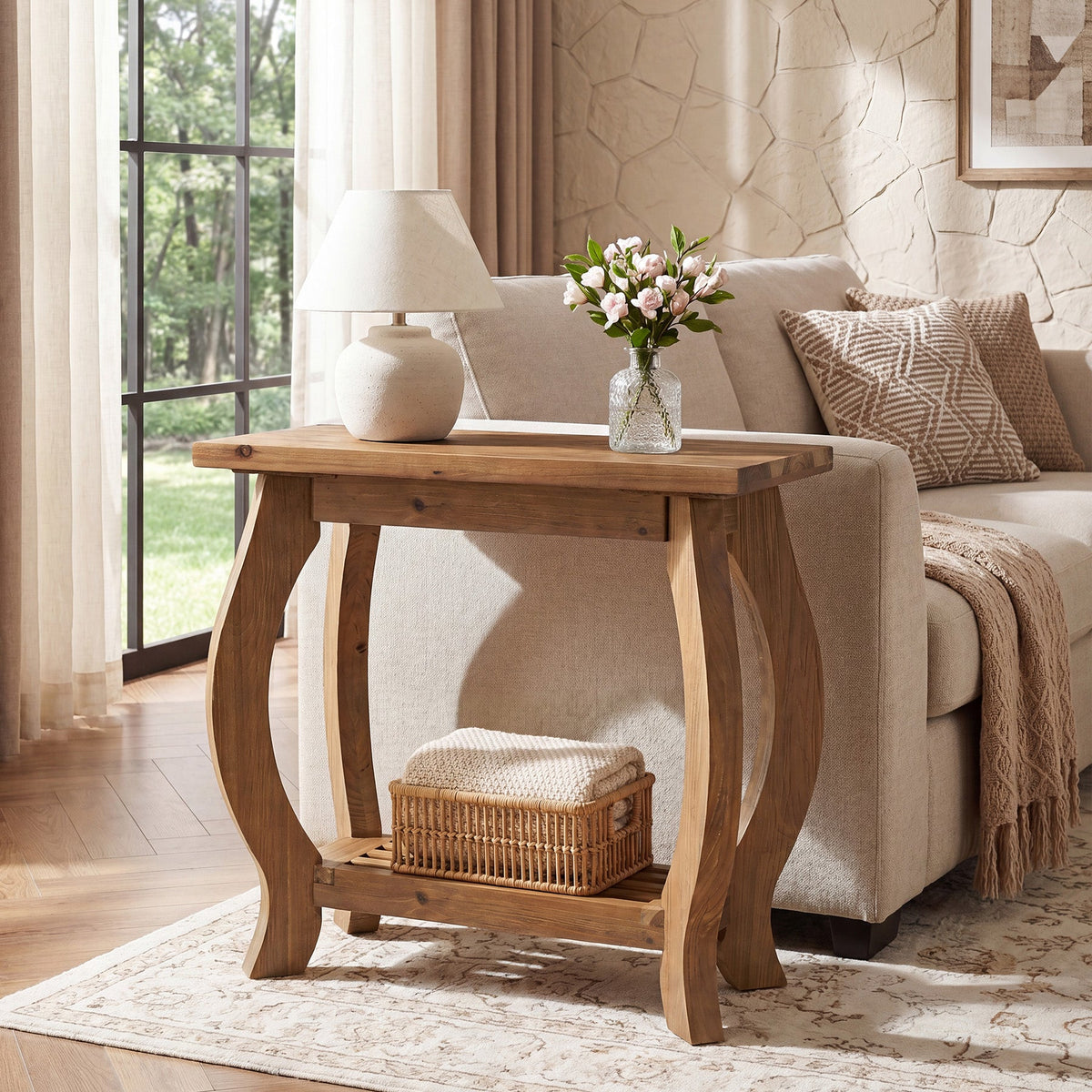 23.6 Inch Narrow Side Table with Curved Legs, Solid Wood End Table for Small Spaces