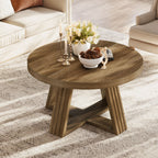 31.5-Inch Round Coffee Table with Thick MDF Tabletop and Cross Base, Rustic Farmhouse Center Table for Living Room