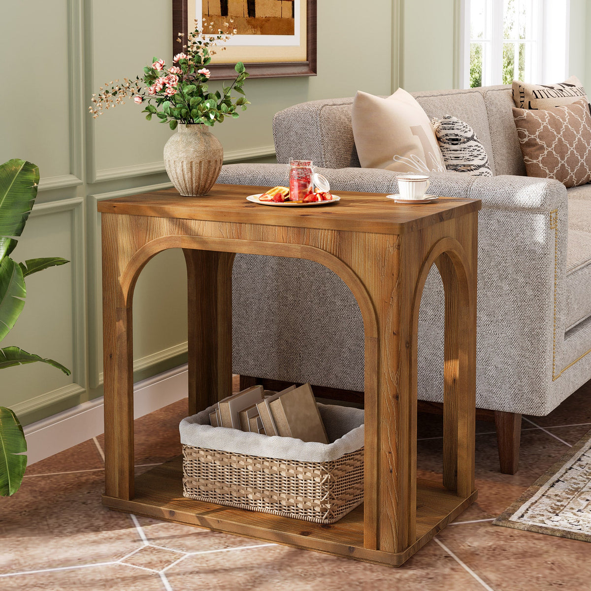25.2-Inch Solid Wood End Table with Arched Design and Bottom Shelf, 2-Tier Farmhouse Side Table for Living Room