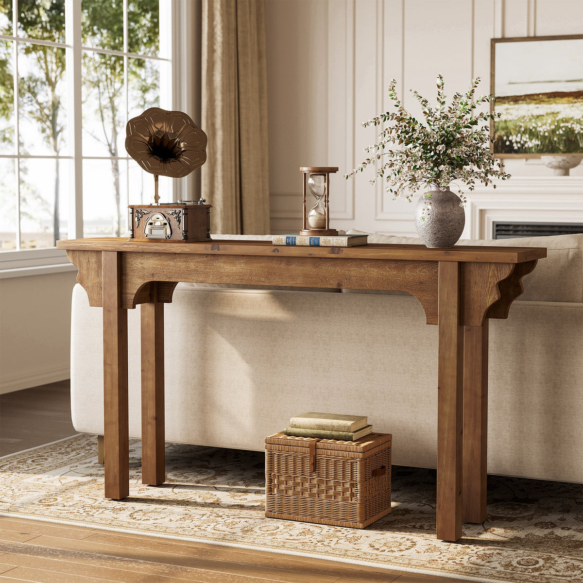 63-Inch Solid Wood Console Table with Unique Side Design, Farmhouse Narrow Sofa Table for Entryway