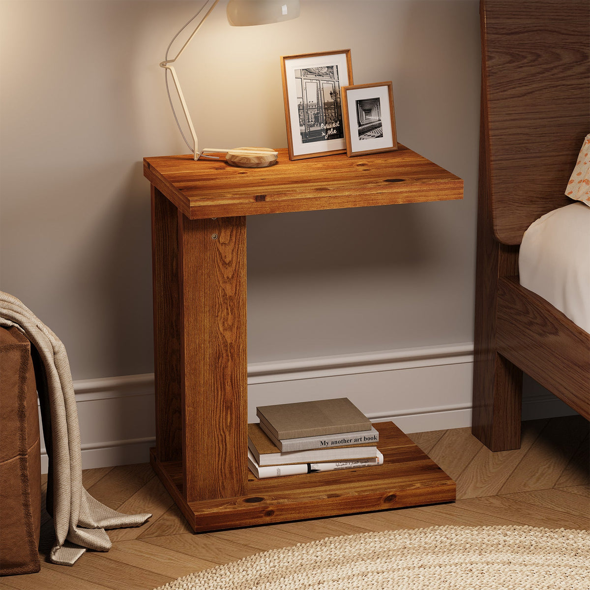 23.6" C-Shaped End Table, Solid Wood 2-Tier Side Table for Sofa and Living Room